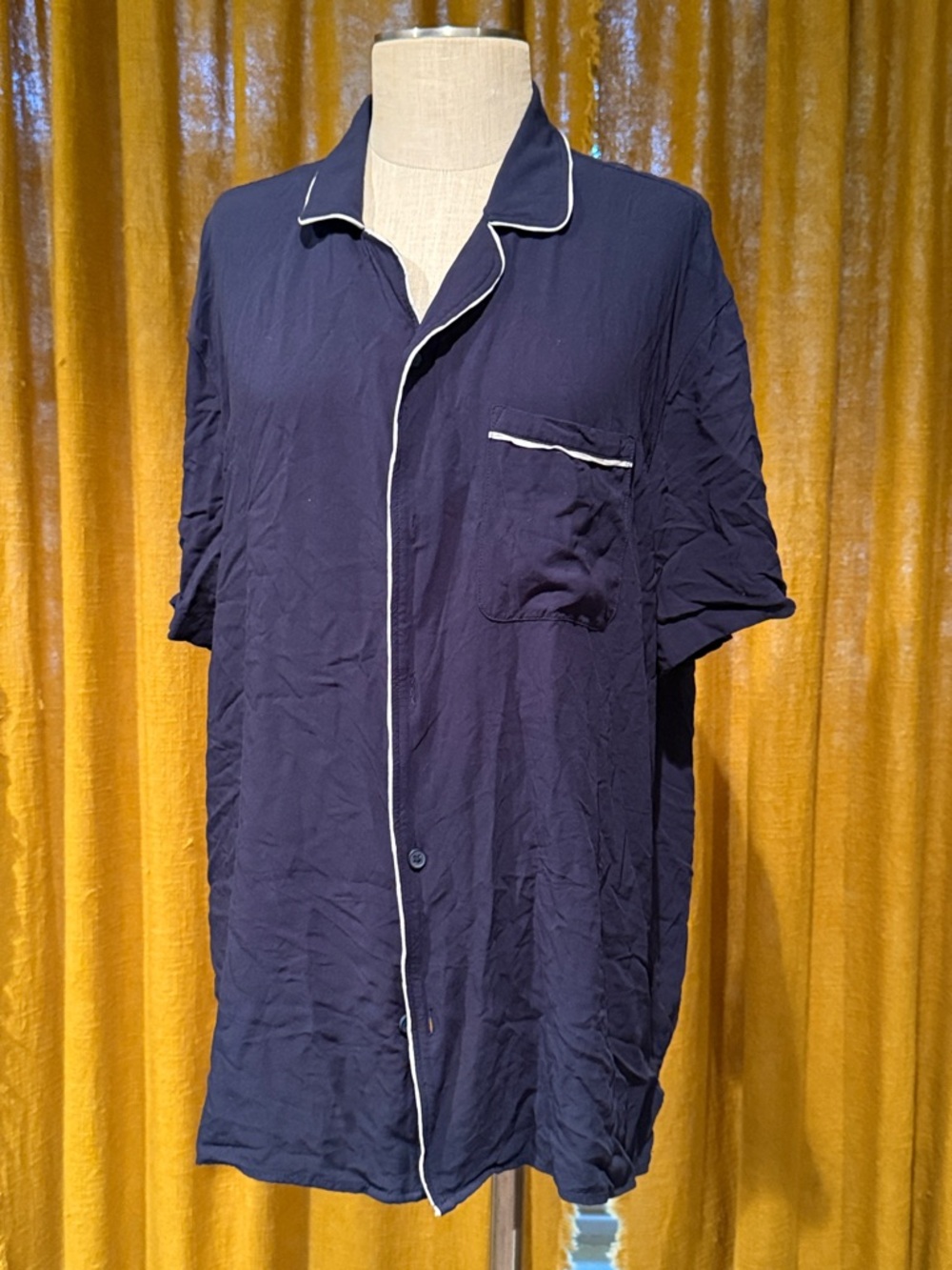 Navy Short-Sleeve Bowling Shirt with White Piping